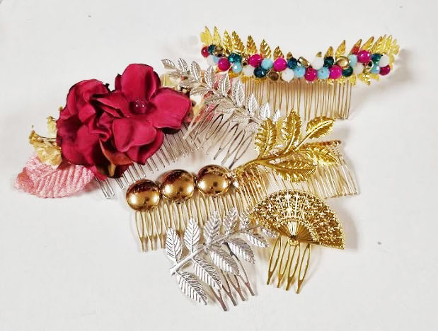 Gold, Silver Plated Metal and Flower Combs